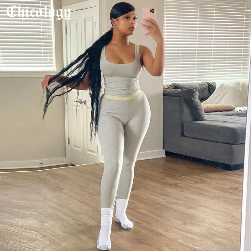 Women Sleeveless Stretchy Crop Tank Top Solid Color 2 Two Piece Sets