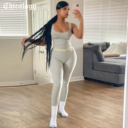 Women Sleeveless Stretchy Crop Tank Top Solid Color 2 Two Piece Sets