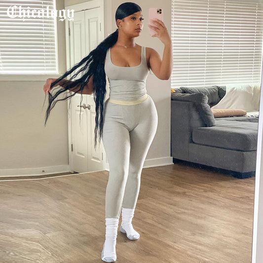 Women Sleeveless Stretchy Crop Tank Top Solid Color 2 Two Piece Sets