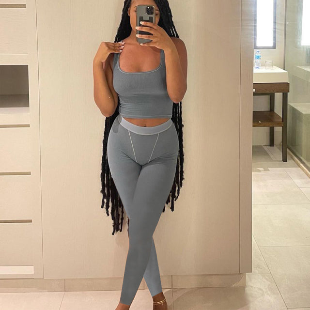 Women Sleeveless Stretchy Crop Tank Top Solid Color 2 Two Piece Sets