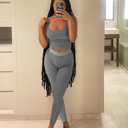 Women Sleeveless Stretchy Crop Tank Top Solid Color 2 Two Piece Sets