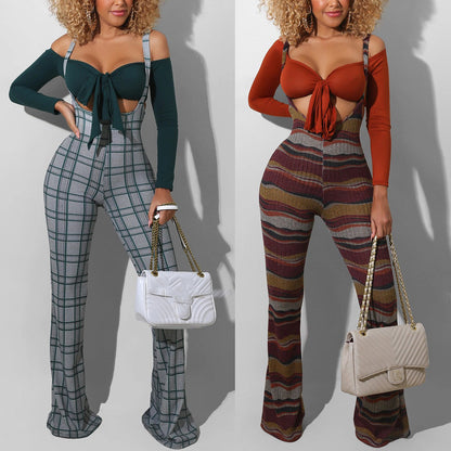Women High-Waist Plaid Overall Flare Pants