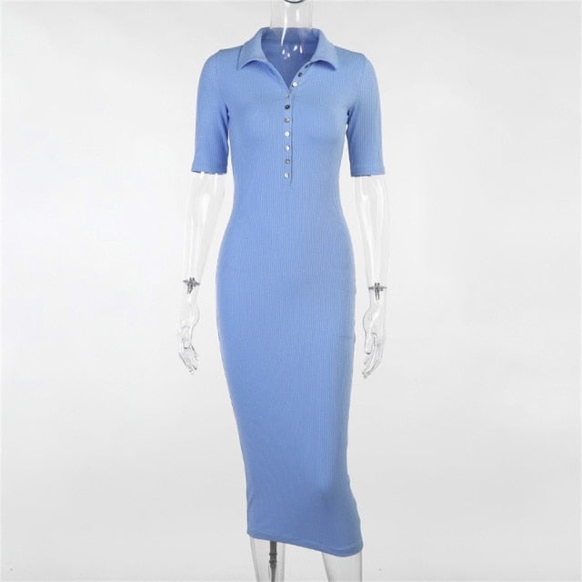 Women Button Knitted Ankle-Length V-Neck Dresses