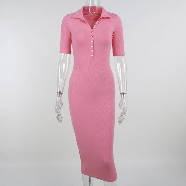 Women Button Knitted Ankle-Length V-Neck Dresses