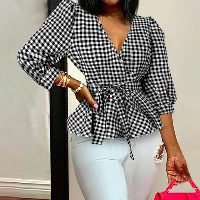 Women Sexy V-Neck Print Tunic Shirt Belted Fashion Ruffles Top