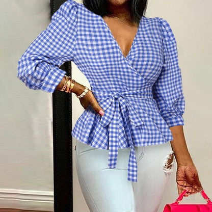 Women Sexy V-Neck Print Tunic Shirt Belted Fashion Ruffles Top