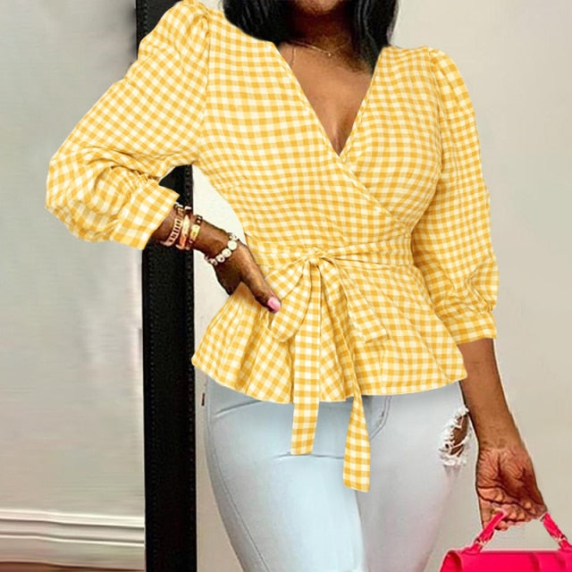 Women Sexy V-Neck Print Tunic Shirt Belted Fashion Ruffles Top