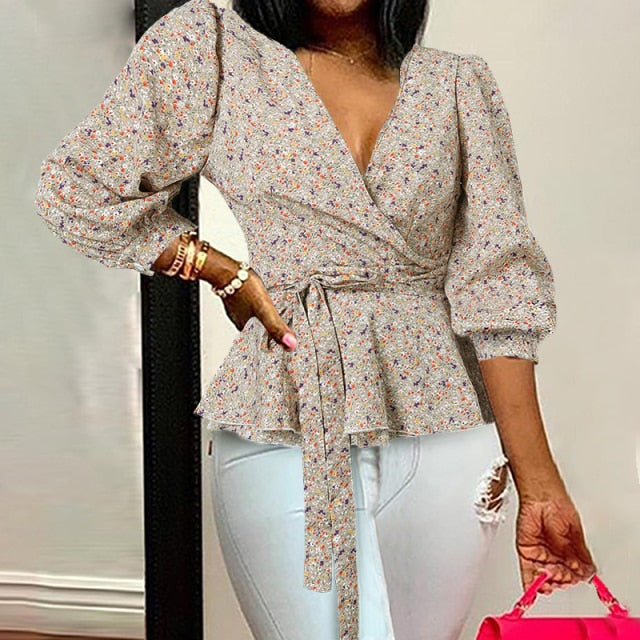 Women Sexy V-Neck Print Tunic Shirt Belted Fashion Ruffles Top