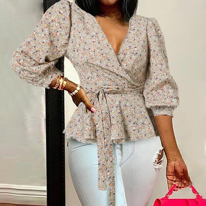 Women Sexy V-Neck Print Tunic Shirt Belted Fashion Ruffles Top