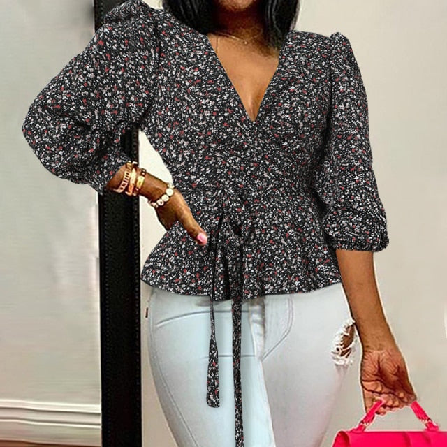 Women Sexy V-Neck Print Tunic Shirt Belted Fashion Ruffles Top