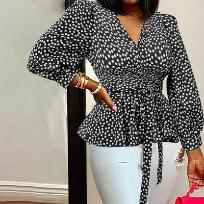 Women Sexy V-Neck Print Tunic Shirt Belted Fashion Ruffles Top