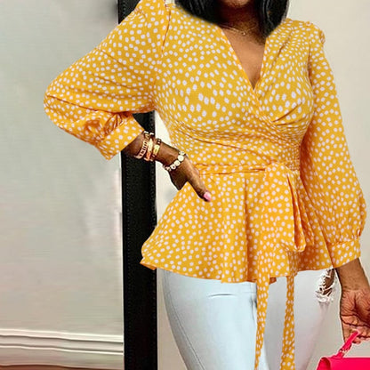 Women Sexy V-Neck Print Tunic Shirt Belted Fashion Ruffles Top