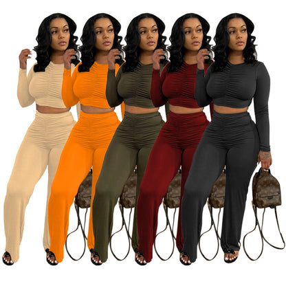 Women Two Piece Shirt And Long High Waist Wide Leg Pant Set