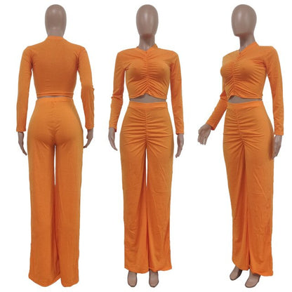 Women Two Piece Shirt And Long High Waist Wide Leg Pant Set
