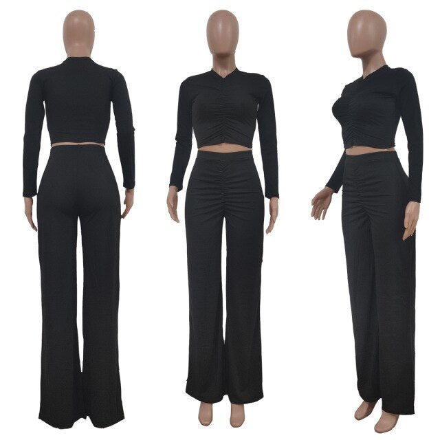 Women Two Piece Shirt And Long High Waist Wide Leg Pant Set