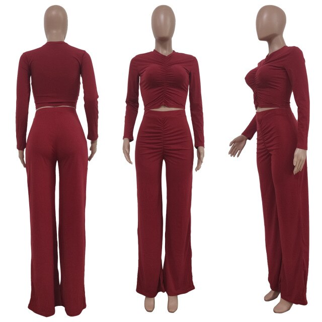 Women Two Piece Shirt And Long High Waist Wide Leg Pant Set