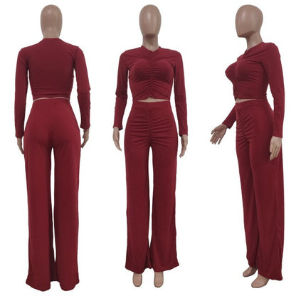 Women Two Piece Shirt And Long High Waist Wide Leg Pant Set