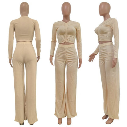 Women Two Piece Shirt And Long High Waist Wide Leg Pant Set