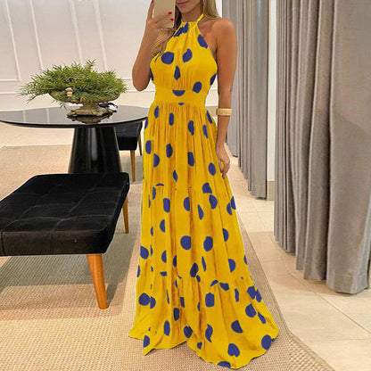 Women Sexy Halter Polka Dot Print Backless Sleeveless Long Dress