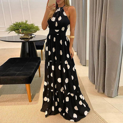 Women Sexy Halter Polka Dot Print Backless Sleeveless Long Dress