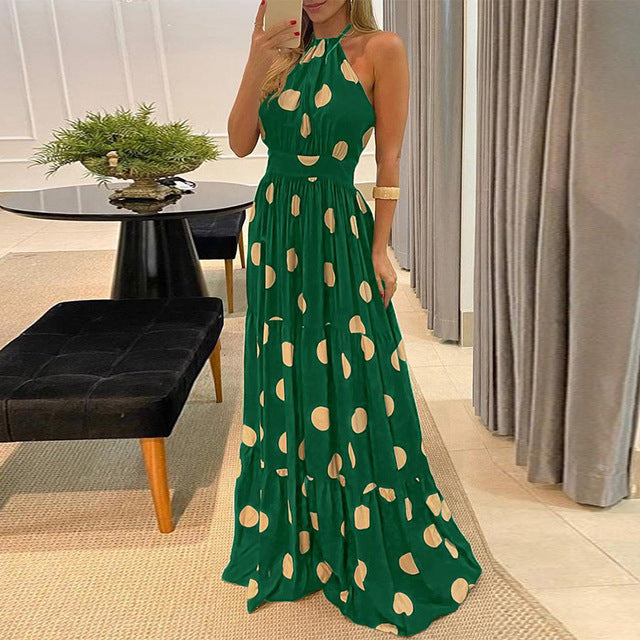 Women Sexy Halter Polka Dot Print Backless Sleeveless Long Dress
