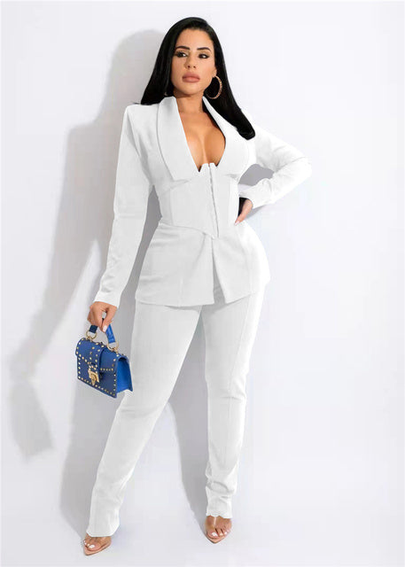 Womens Corset Blazer Coat and Pencil Pants Business Matching Set