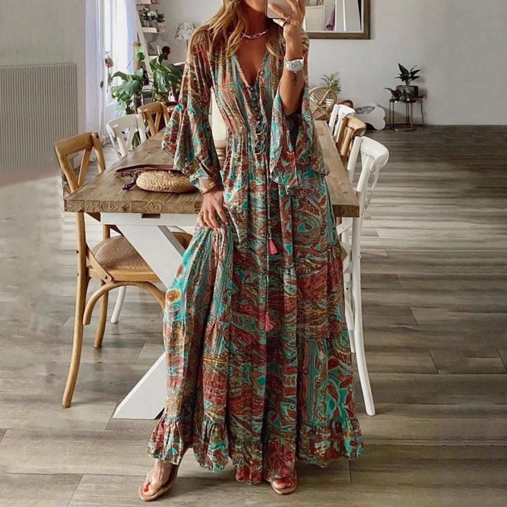 Women Boho Style V-Neck Floral Print Dress