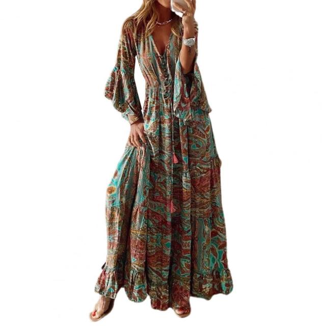 Women Boho Style V-Neck Floral Print Dress