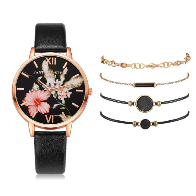 Women 5pcs Quartz Wristwatch Leather Bracelet Luxury Watch