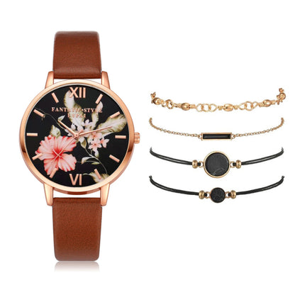 Women 5pcs Quartz Wristwatch Leather Bracelet Luxury Watch