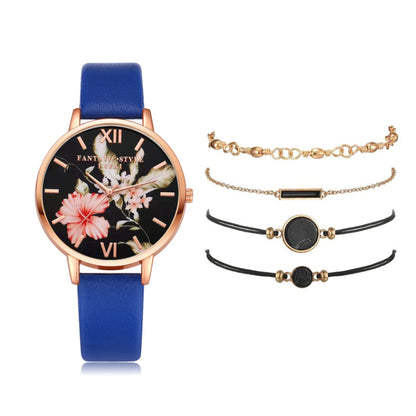 Women 5pcs Quartz Wristwatch Leather Bracelet Luxury Watch