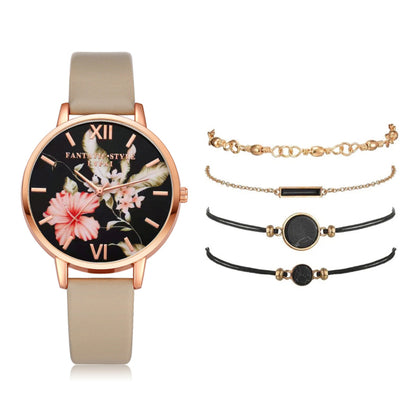 Women 5pcs Quartz Wristwatch Leather Bracelet Luxury Watch