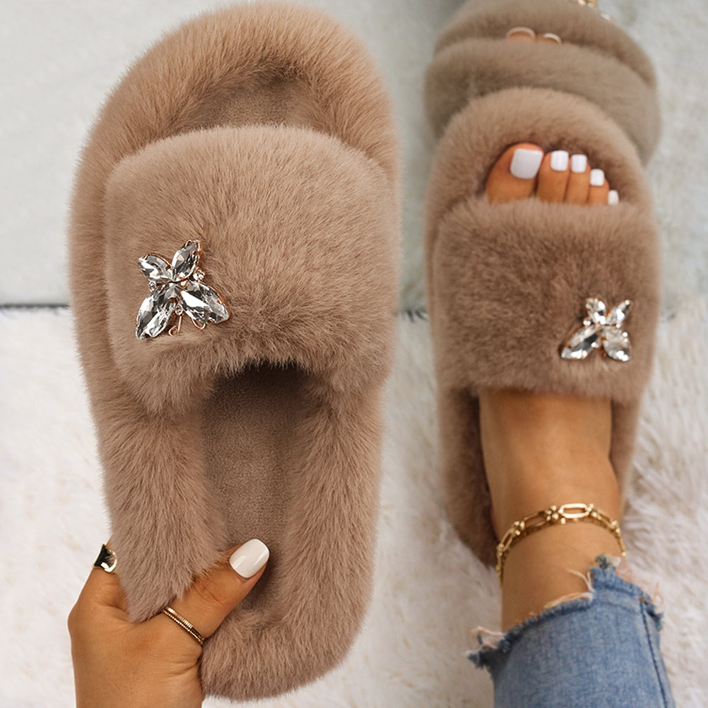 Women Fluffy Rhinestone Butterfly Faux Fur Slippers