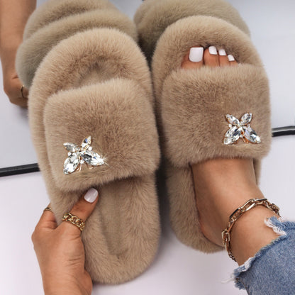 Women Fluffy Rhinestone Butterfly Faux Fur Slippers