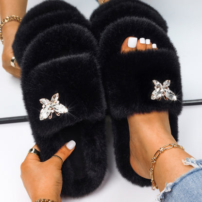 Women Fluffy Rhinestone Butterfly Faux Fur Slippers