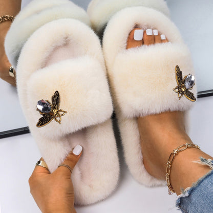 Women Fluffy Rhinestone Butterfly Faux Fur Slippers