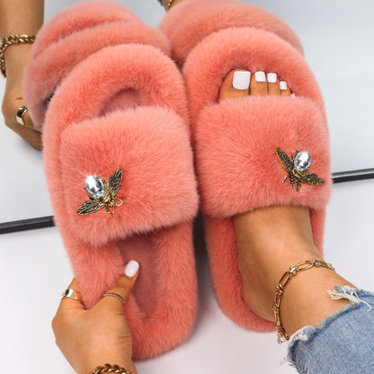 Women Fluffy Rhinestone Butterfly Faux Fur Slippers