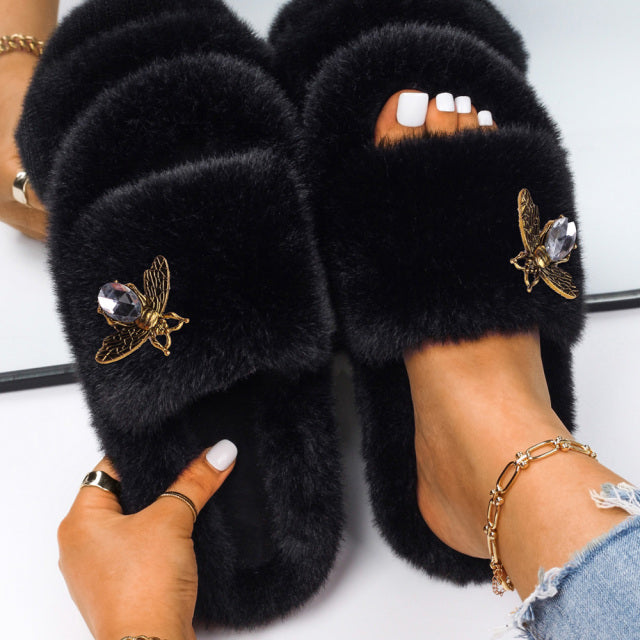 Women Fluffy Rhinestone Butterfly Faux Fur Slippers