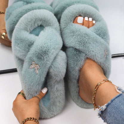 Women Fluffy Rhinestone Butterfly Faux Fur Slippers