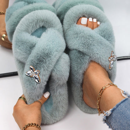 Women Fluffy Rhinestone Butterfly Faux Fur Slippers