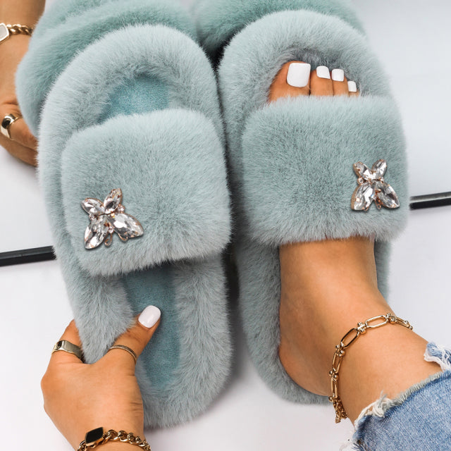 Women Fluffy Rhinestone Butterfly Faux Fur Slippers