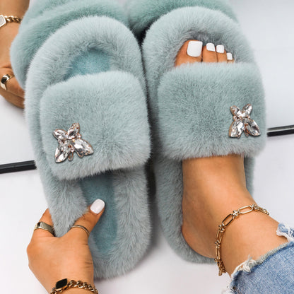 Women Fluffy Rhinestone Butterfly Faux Fur Slippers