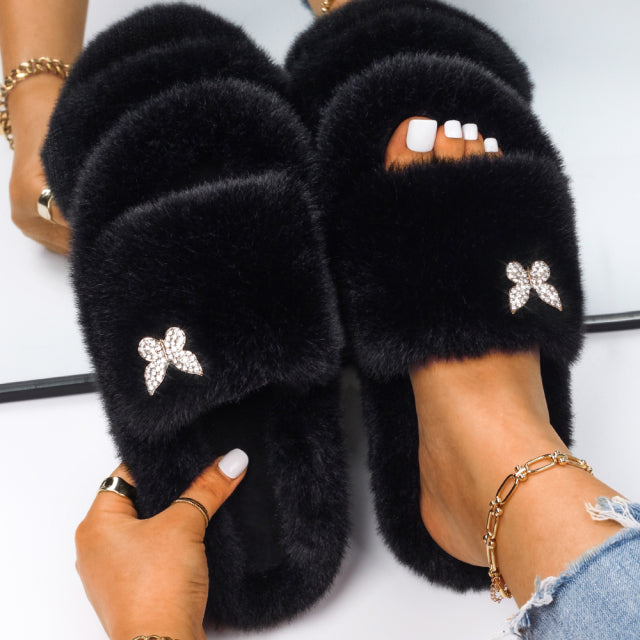 Women Fluffy Rhinestone Butterfly Faux Fur Slippers