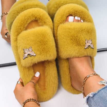 Women Fluffy Rhinestone Butterfly Faux Fur Slippers