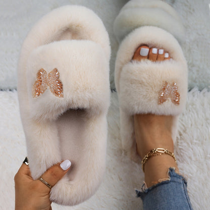 Women Fluffy Rhinestone Butterfly Faux Fur Slippers