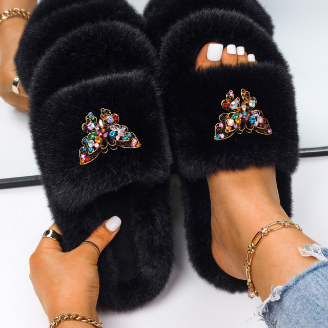 Women Fluffy Rhinestone Butterfly Faux Fur Slippers