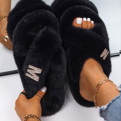 Women Fluffy Rhinestone Butterfly Faux Fur Slippers