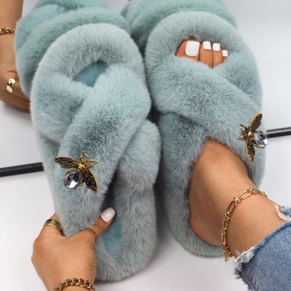 Women Fluffy Rhinestone Butterfly Faux Fur Slippers