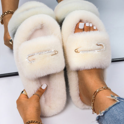 Women Fluffy Rhinestone Butterfly Faux Fur Slippers