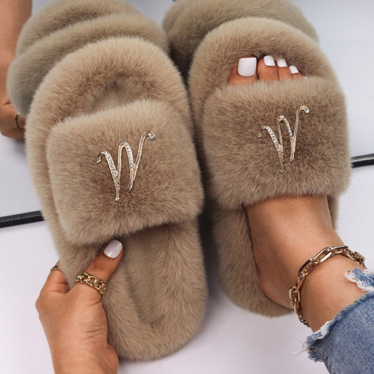 Women Fluffy Rhinestone Butterfly Faux Fur Slippers